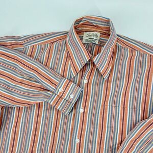 Vintage 1960s John Wells LTD Mens 16-35 Lg Striped Button Up Shirt Orange Blue